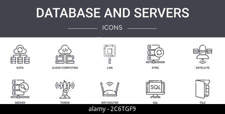 database and servers concept line icons set. contains icons usable for web, logo, ui/ux such as cloud computing, sync, server, wifi router, sql, file, Stock Vector