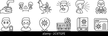 12 set of linear coronavirus icons. thin outline icons such as browser, subway, medical mask, cough, chicken, keep distance for web, mobile Stock Vector