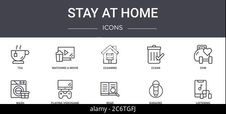 stay at home concept line icons set. contains icons usable for web, logo, ui/ux such as watching a movie, clean, wash, read, karaoke, listening, gym, Stock Vector