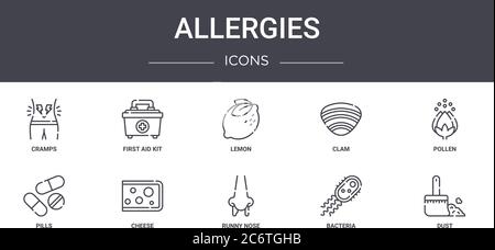 allergies concept line icons set. contains icons usable for web, logo, ui/ux such as first aid kit, clam, pills, runny nose, bacteria, dust, pollen, l Stock Vector