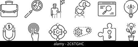 12 set of linear life skills icons. thin outline icons such as light bulb, gears, touch, web browser, man, magnifying glass for web, mobile Stock Vector