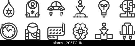 12 set of linear technology of the future icons. thin outline icons such as jetpack, artificial intelligence, astronaut, eco light, flying car, telepo Stock Vector