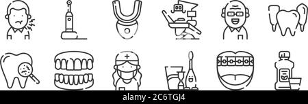12 set of linear dental care icons. thin outline icons such as mouthwash, kids, denture, old man, tooth whitening, electric toothbrush for web, mobile Stock Vector