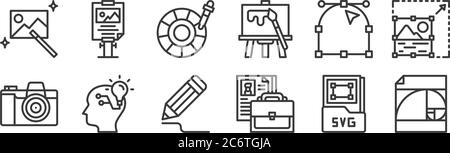 12 set of linear graphic design icons. thin outline icons such as golden ratio, portfolio, creative, anchor point, color picker, poster for web, mobil Stock Vector