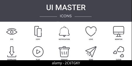 ui master concept line icons set. contains icons usable for web, logo, ui/ux such as copy, love, download, remove, send, cloud, monitor, notification Stock Vector