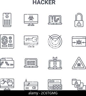 set of 16 hacker concept vector line icons. 64x64 thin stroke icons such as virus, access, alert, hacker, phishing, personal data, firewall, radar, cy Stock Vector