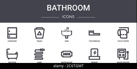 bathroom concept line icons set. contains icons usable for web, logo, ui/ux such as trash, toothbrush, bathtub, razor blade, mirror, water heater, toi Stock Vector