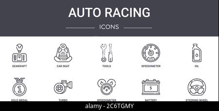 auto racing concept line icons set. contains icons usable for web, logo, ui/ux such as car seat, speedometer, gold medal, speedometer, battery, steeri Stock Vector