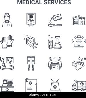 set of 16 medical services concept vector line icons. 64x64 thin stroke icons such as thermometer, rubber gloves, x rays, defibrillator, medical recor Stock Vector