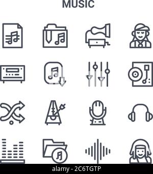 set of 16 music concept vector line icons. 64x64 thin stroke icons such as music folder, amplifier, record player, microphone, music folder, rastaman, Stock Vector