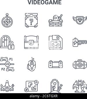 set of 16 videogame concept vector line icons. 64x64 thin stroke icons such as mystery, locked door, energy bar, handheld console, game map, final bos Stock Vector