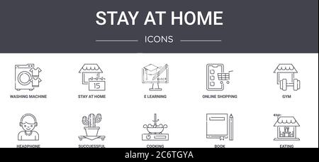 stay at home concept line icons set. contains icons usable for web, logo, ui/ux such as stay at home, online shopping, headphone, cooking, book, eatin Stock Vector