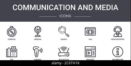 communication and media concept line icons set. contains icons usable for web, logo, ui/ux such as webcam, vhs, fax, wifi router, browser, information Stock Vector