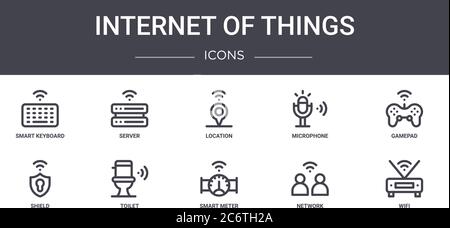 internet of things concept line icons set. contains icons usable for web, logo, ui/ux such as server, microphone, shield, smart meter, network, wifi, Stock Vector
