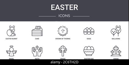 easter concept line icons set. contains icons usable for web, logo, ui/ux such as cake, eggs, angel, cross, easter egg, cross, balloons, crown of thor Stock Vector