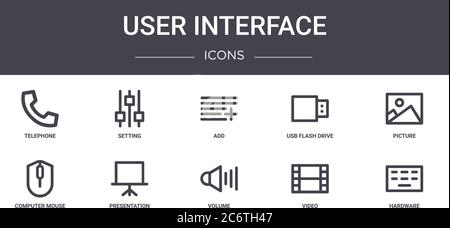 user interface concept line icons set. contains icons usable for web, logo, ui/ux such as setting, usb flash drive, computer mouse, volume, video, har Stock Vector