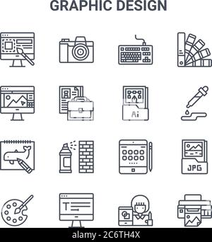 set of 16 graphic design concept vector line icons. 64x64 thin stroke icons such as camera, graphic de, color selection, ipad tablet, typography, prin Stock Vector