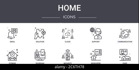 home concept line icons set. contains icons usable for web, logo, ui/ux such as solution, support, fitness, security, developer, chat, communication, Stock Vector