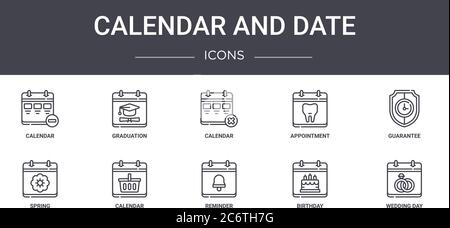 calendar and date concept line icons set. contains icons usable for web, logo, ui/ux such as graduation, appointment, spring, reminder, birthday, wedd Stock Vector