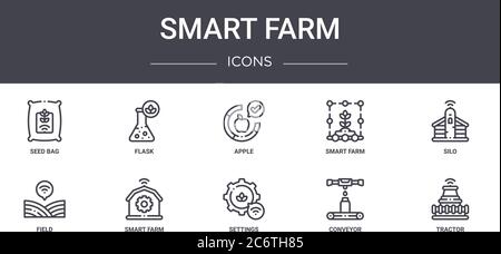 smart farm concept line icons set. contains icons usable for web, logo, ui/ux such as flask, smart farm, field, settings, conveyor, tractor, silo, app Stock Vector