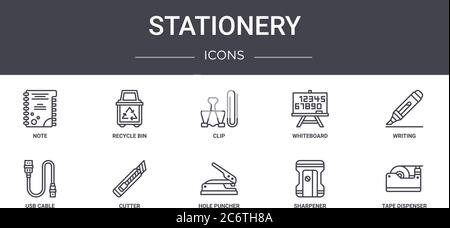 stationery concept line icons set. contains icons usable for web, logo, ui/ux such as recycle bin, whiteboard, usb cable, hole puncher, sharpener, tap Stock Vector