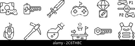 12 set of linear videogame icons. thin outline icons such as armor, platform, hoe, airdrop, sword, energy bar for web, mobile Stock Vector