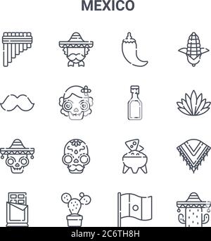 set of 16 mexico concept vector line icons. 64x64 thin stroke icons such as mexican man, moustache, agave, guacamole, cactus, cactus, mexico, pulque, Stock Vector