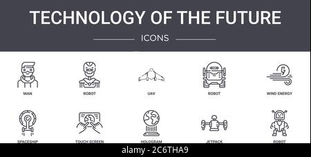 technology of the future concept line icons set. contains icons usable for web, logo, ui/ux such as robot, robot, spaceship, hologram, jetpack, robot, Stock Vector