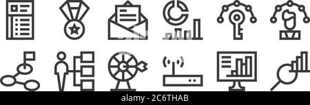 12 set of linear job resume icons. thin outline icons such as data analysis, modem, as, key skills, email, medal for web, mobile Stock Vector