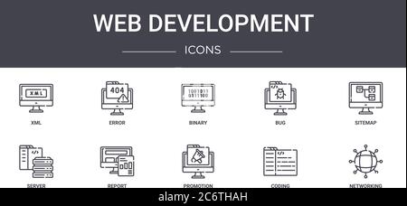 web development concept line icons set. contains icons usable for web, logo, ui/ux such as error, bug, server, promotion, coding, networking, sitemap, Stock Vector
