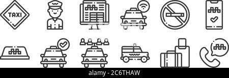 12 set of linear taxi service icons. thin outline icons such as call, taxi, taxi, no smoking, reservation, taxi driver for web, mobile Stock Vector