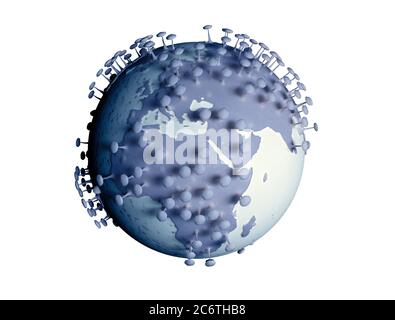 Planet earth transform to virus cell isolated on white background. 3d illustration for corona virus or COVID-19 pandemic Stock Photo