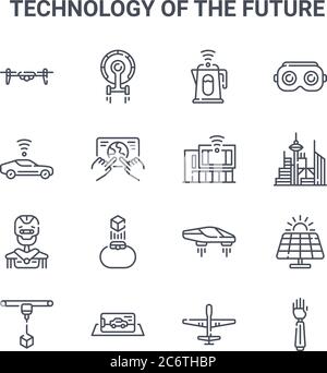 set of 16 technology of the future concept vector line icons. 64x64 thin stroke icons such as spaceship, autonomous car, futuristic, flying car, virtu Stock Vector