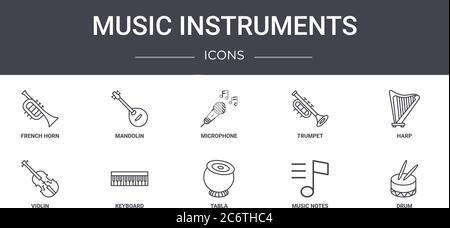 music instruments concept line icons set. contains icons usable for web, logo, ui/ux such as mandolin, trumpet, violin, tabla, music notes, drum, harp Stock Vector