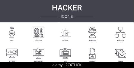 hacker concept line icons set. contains icons usable for web, logo, ui/ux such as access, hacker, access, spy, unlock, spam, hacker, alarm Stock Vector