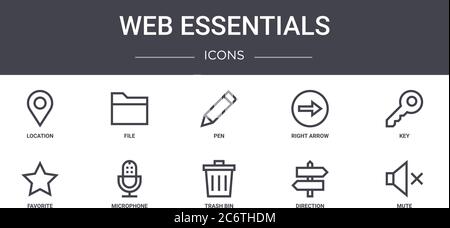 web essentials concept line icons set. contains icons usable for web, logo, ui/ux such as file, right arrow, favorite, trash bin, direction, mute, key Stock Vector