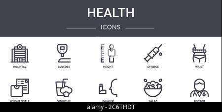 health concept line icons set. contains icons usable for web, logo, ui/ux such as glucose, syringe, weight scale, inhaler, salad, doctor, waist, heigh Stock Vector