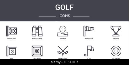 golf concept line icons set. contains icons usable for web, logo, ui/ux such as binoculars, windsock, tee, golf clubs, flag, golf ball, trophy, bunker Stock Vector