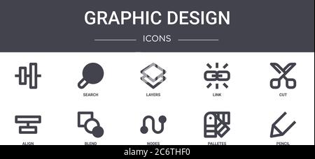 graphic design concept line icons set. contains icons usable for web, logo, ui/ux such as search, link, align, nodes, palletes, pencil, cut, layers Stock Vector