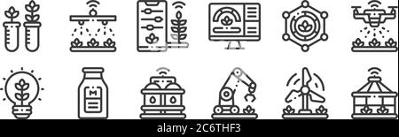 12 set of linear smart farm icons. thin outline icons such as house, robotic arm, milk, smart farm, smart farm, watering for web, mobile Stock Vector