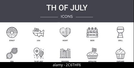 th of july concept line icons set. contains icons usable for web, logo, ui/ux such as usa, beer, usa, building, apple pie, cupcake, grill, heart Stock Vector