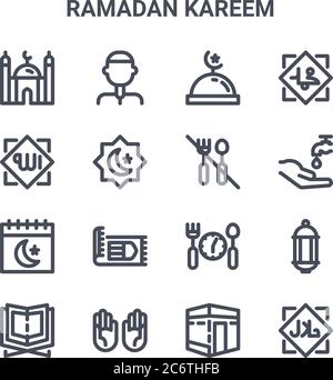 set of 16 ramadan kareem concept vector line icons. 64x64 thin stroke icons such as moslem, allah, wudhu, fasting, pray, halal, kaaba, no eating, prop Stock Vector