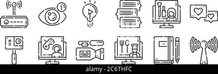 12 set of linear videoblogger icons. thin outline icons such as wifi, food, videogame, beauty, idea, views for web, mobile Stock Vector