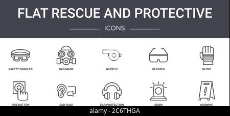 flat rescue and protective concept line icons set. contains icons usable for web, logo, ui/ux such as gas mask, glasses, fire button, ear protection, Stock Vector
