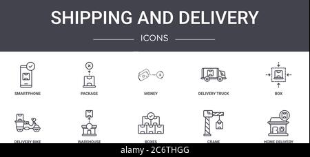 shipping and delivery concept line icons set. contains icons usable for web, logo, ui/ux such as package, delivery truck, delivery bike, boxes, crane, Stock Vector