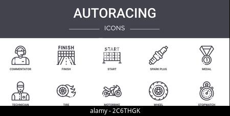 autoracing concept line icons set. contains icons usable for web, logo, ui/ux such as finish, spark plug, technician, motorbike, wheel, stopwatch, med Stock Vector
