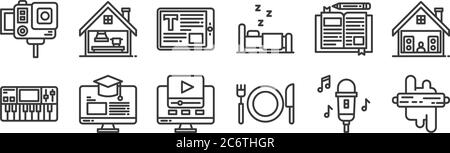 12 set of linear stay at home icons. thin outline icons such as bakery, eating, e learning, diary, ebook, cooking for web, mobile Stock Vector