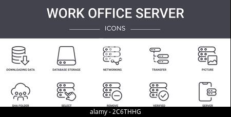 work office server concept line icons set. contains icons usable for web, logo, ui/ux such as database storage, transfer, sha folder, remove, verified Stock Vector
