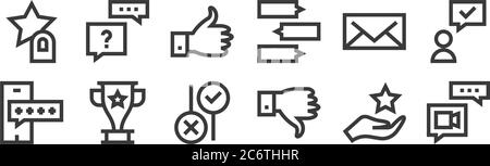 12 set of linear feedback and testimonials icons. thin outline icons such as video call, dislike, trophy, email, like, help for web, mobile Stock Vector
