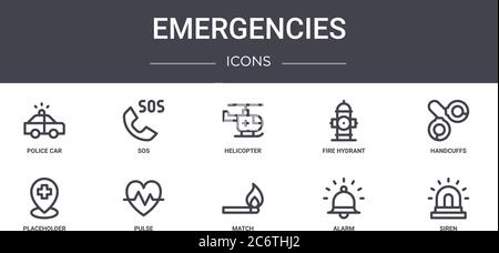 emergencies concept line icons set. contains icons usable for web, logo, ui/ux such as sos, fire hydrant, placeholder, match, alarm, siren, handcuffs, Stock Vector
